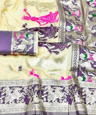 cream zari woven baluchari traditional saree with blouse piece 3
