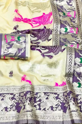 cream zari woven baluchari traditional saree with blouse piece