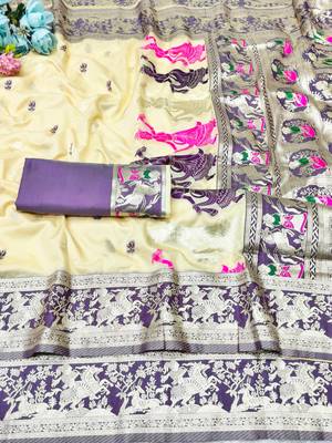 cream zari woven baluchari traditional saree with blouse piece 5