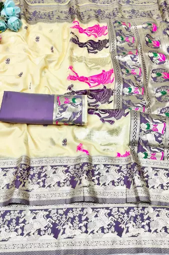 cream zari woven baluchari traditional saree with blouse piece