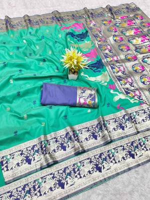 rama zari woven baluchari traditional saree with blouse piece 1