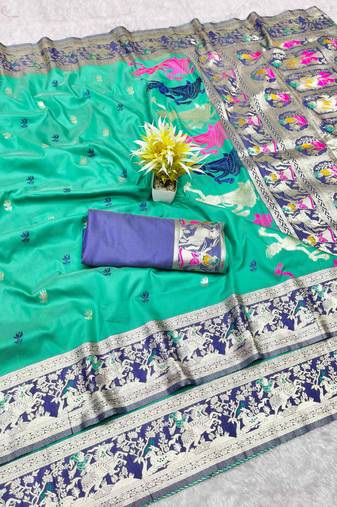 rama zari woven baluchari traditional saree with blouse piece