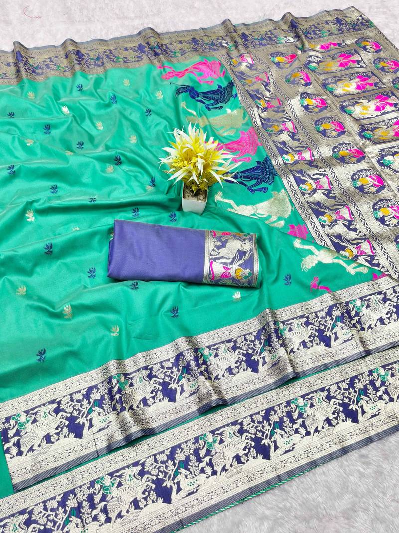 rama zari woven baluchari traditional saree with blouse piece