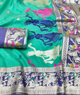 rama zari woven baluchari traditional saree with blouse piece 3