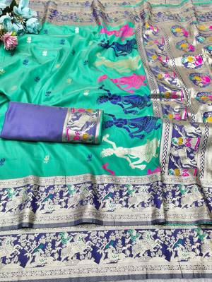 rama zari woven baluchari traditional saree with blouse piece 5