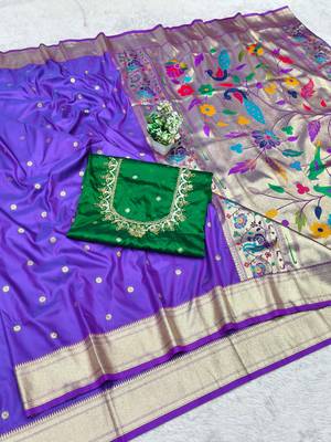purple zari woven paithani silk blend  traditional saree with beads embroidery blouse piece 1