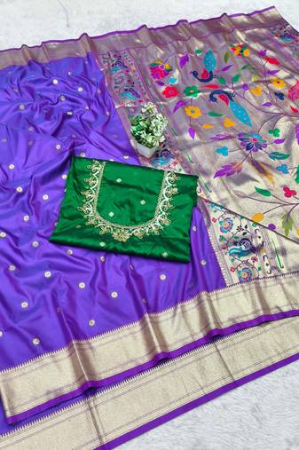 purple zari woven paithani silk blend  traditional saree with beads embroidery blouse piece