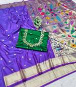 purple zari woven paithani silk blend  traditional saree with beads embroidery blouse piece