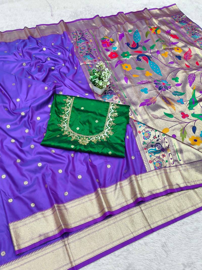 purple zari woven paithani silk blend  traditional saree with beads embroidery blouse piece