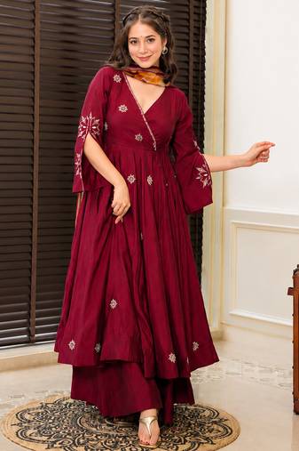 Maroon rayon cotton embroidered kurta palazzo set with digital print organza silk dupatta