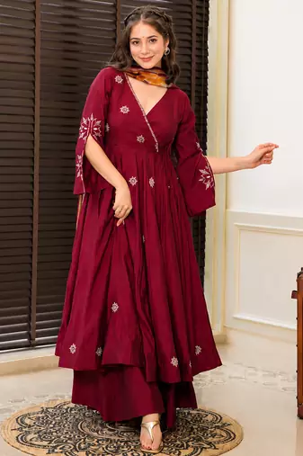 Maroon rayon cotton embroidered kurta palazzo set with digital print organza silk dupatta
