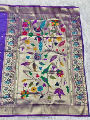 purple zari woven paithani silk blend  traditional saree with beads embroidery blouse piece 2