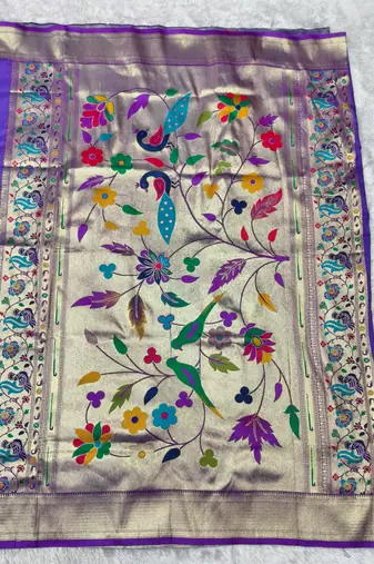 purple zari woven paithani silk blend  traditional saree with beads embroidery blouse piece