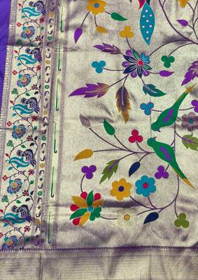 purple zari woven paithani silk blend  traditional saree with beads embroidery blouse piece 3