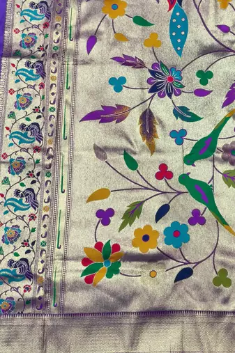 purple zari woven paithani silk blend  traditional saree with beads embroidery blouse piece