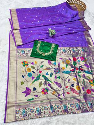 purple zari woven paithani silk blend  traditional saree with beads embroidery blouse piece 5