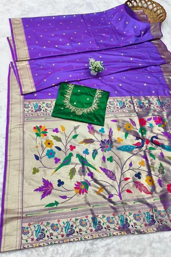 purple zari woven paithani silk blend  traditional saree with beads embroidery blouse piece