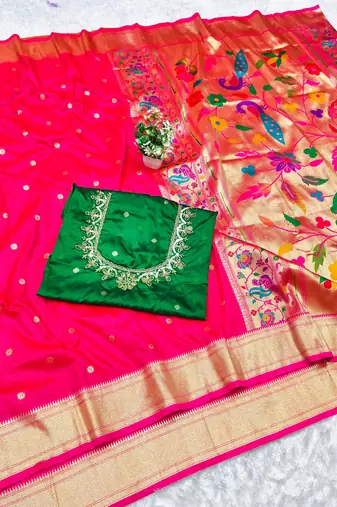 pink zari woven paithani silk blend  traditional saree with beads embroidery blouse piece