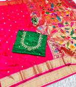 pink zari woven paithani silk blend  traditional saree with beads embroidery blouse piece