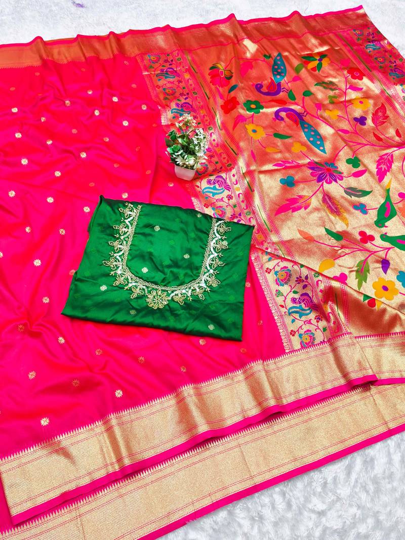 pink zari woven paithani silk blend  traditional saree with beads embroidery blouse piece