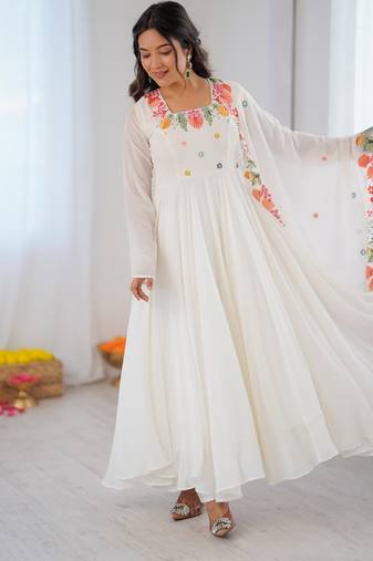 White Color Stylish Gown Suit Set Designer Anarkali Suit Set