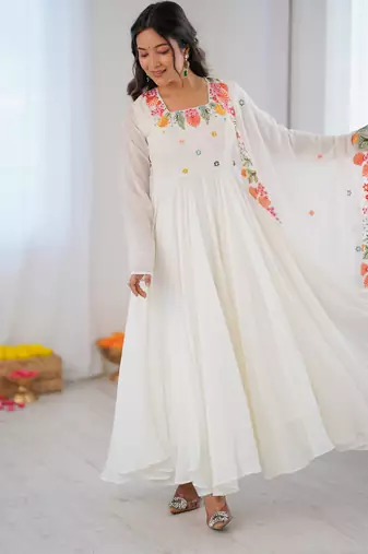 White Color Stylish Gown Suit Set Designer Anarkali Suit Set