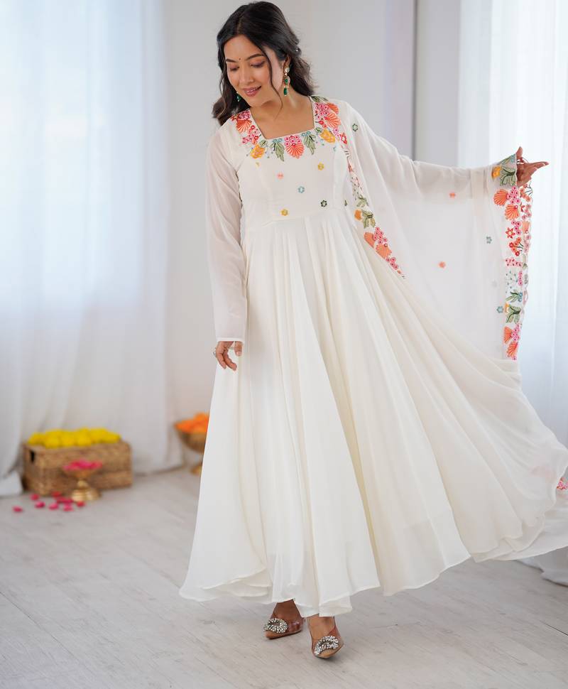 White Color Stylish Gown Suit Set Designer Anarkali Suit Set