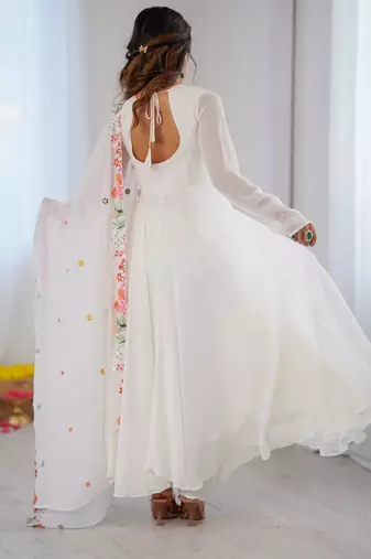 White Color Stylish Gown Suit Set Designer Anarkali Suit Set