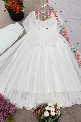 White Color Stylish Gown Suit Set Designer Anarkali Suit Set