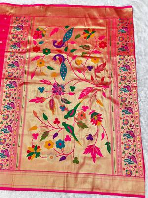 pink zari woven paithani silk blend  traditional saree with beads embroidery blouse piece 2