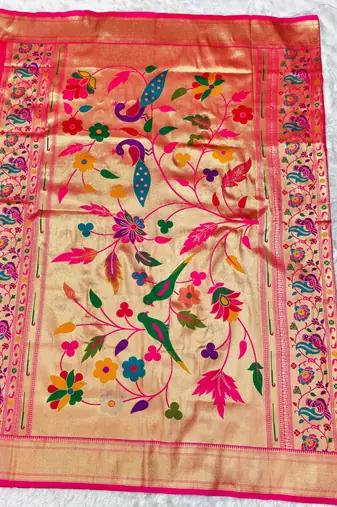 pink zari woven paithani silk blend  traditional saree with beads embroidery blouse piece