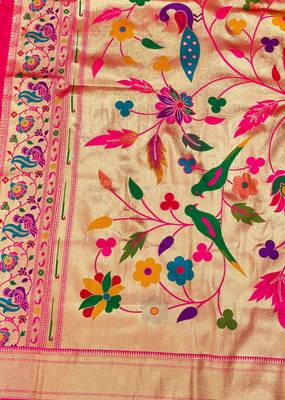 pink zari woven paithani silk blend  traditional saree with beads embroidery blouse piece 3