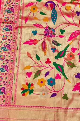 pink zari woven paithani silk blend  traditional saree with beads embroidery blouse piece