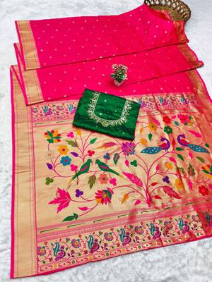 pink zari woven paithani silk blend  traditional saree with beads embroidery blouse piece 5