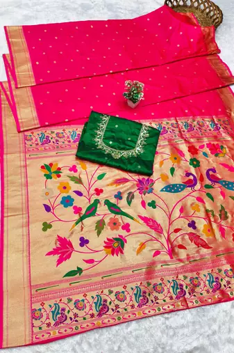 pink zari woven paithani silk blend  traditional saree with beads embroidery blouse piece