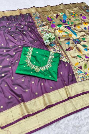 wine zari woven paithani silk blend  traditional saree with beads embroidery blouse piece