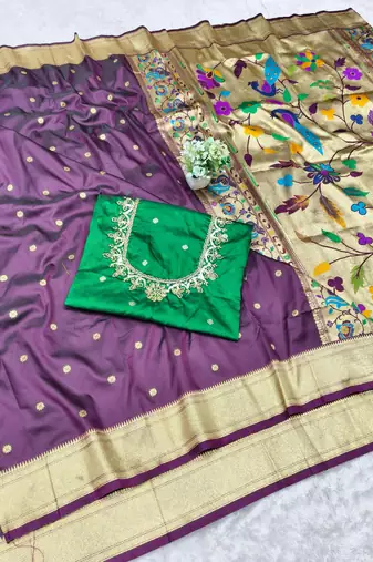 wine zari woven paithani silk blend  traditional saree with beads embroidery blouse piece