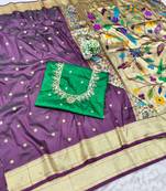 wine zari woven paithani silk blend  traditional saree with beads embroidery blouse piece