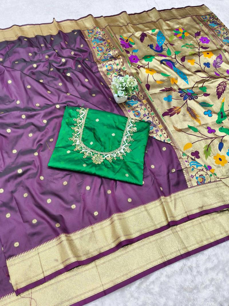 wine zari woven paithani silk blend  traditional saree with beads embroidery blouse piece