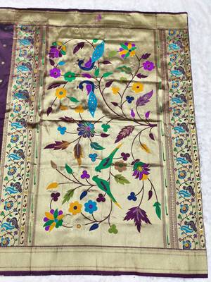 wine zari woven paithani silk blend  traditional saree with beads embroidery blouse piece 2