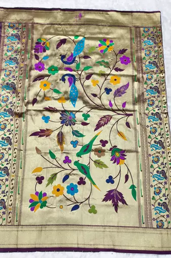 wine zari woven paithani silk blend  traditional saree with beads embroidery blouse piece