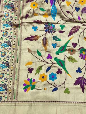 wine zari woven paithani silk blend  traditional saree with beads embroidery blouse piece 3