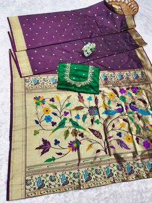 wine zari woven paithani silk blend  traditional saree with beads embroidery blouse piece 5