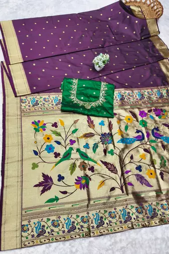 wine zari woven paithani silk blend  traditional saree with beads embroidery blouse piece