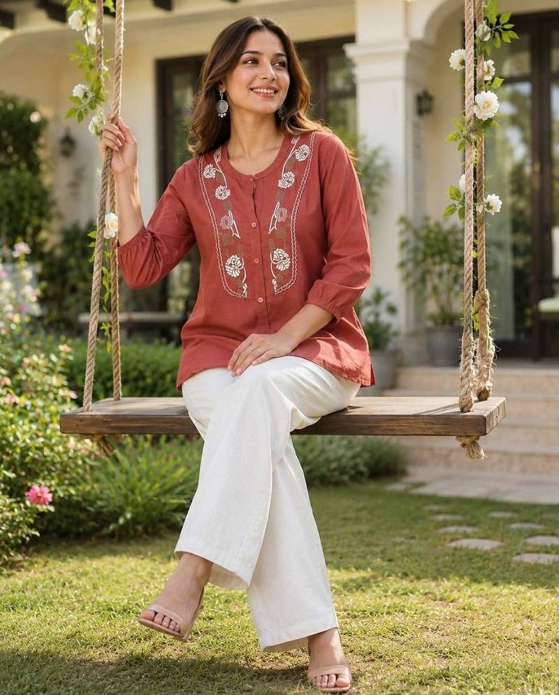 Peach embroidered short tunic kurti with off-white bottom set