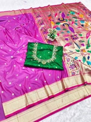 light purple purple zari woven paithani silk blend  traditional saree with beads embroidery blouse piece 1