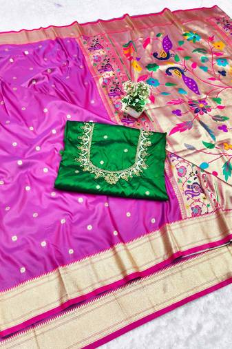 light purple purple zari woven paithani silk blend  traditional saree with beads embroidery blouse piece