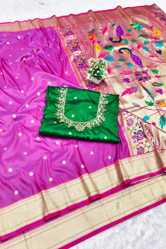 light purple purple zari woven paithani silk blend  traditional saree with beads embroidery blouse piece