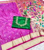 light purple purple zari woven paithani silk blend  traditional saree with beads embroidery blouse piece
