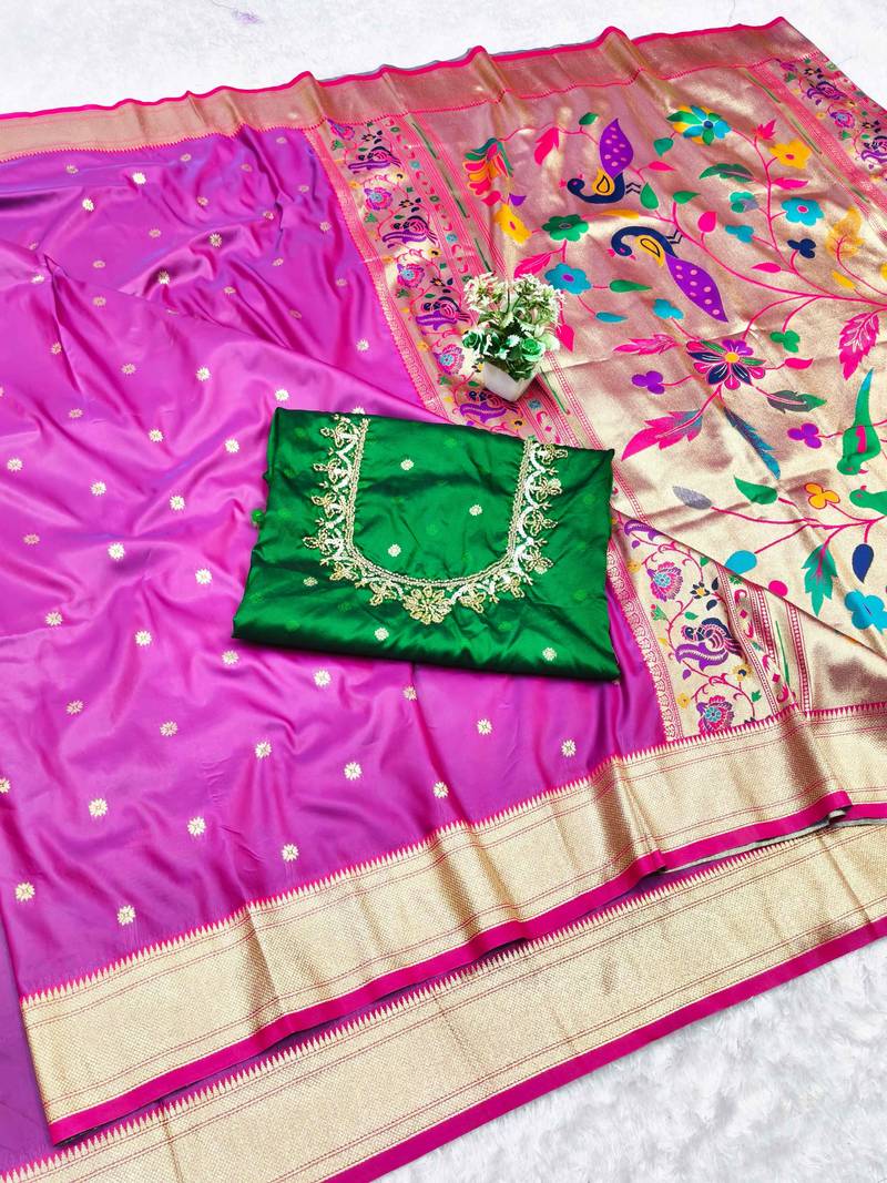 light purple purple zari woven paithani silk blend  traditional saree with beads embroidery blouse piece